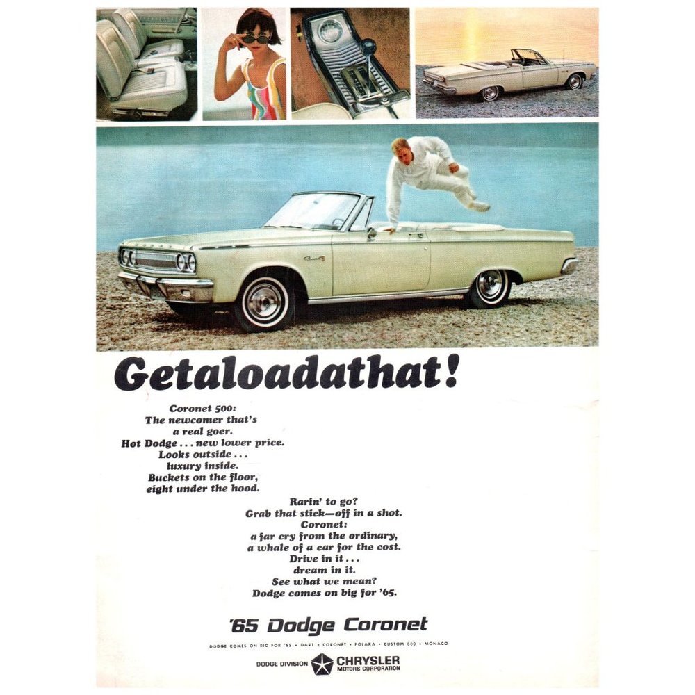 1965 Dodge Coronet 500 Convertible Color Vintage Print Ad Classic Car Wall Art